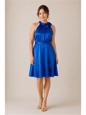 Melissa Sweet Woman Blue Silk Halter Bow Pleated Dress US10 Classic Evening